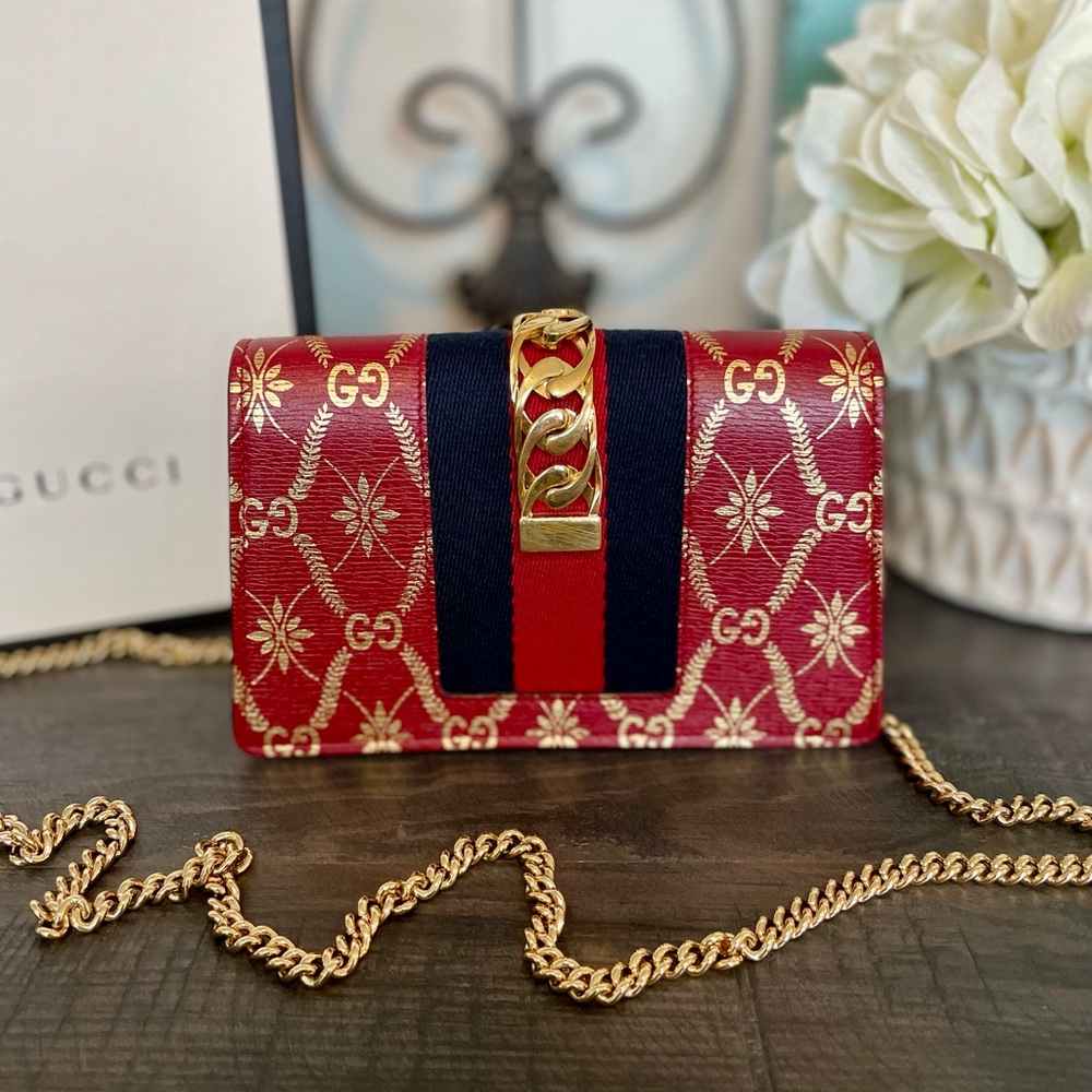 Gucci Red Sylvie Super Mini w/Gold Shoulder Chain - Picture 3 of 11